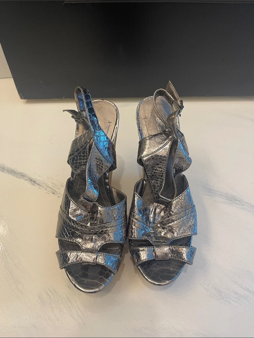 BCBG Metallic Pewter Croc-Embossed Slingback Heels